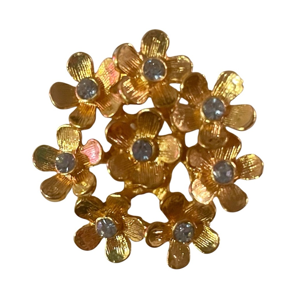 Bundle of flowers pin / gold tone w/beautiful blue stones / roll over clasp /EUC